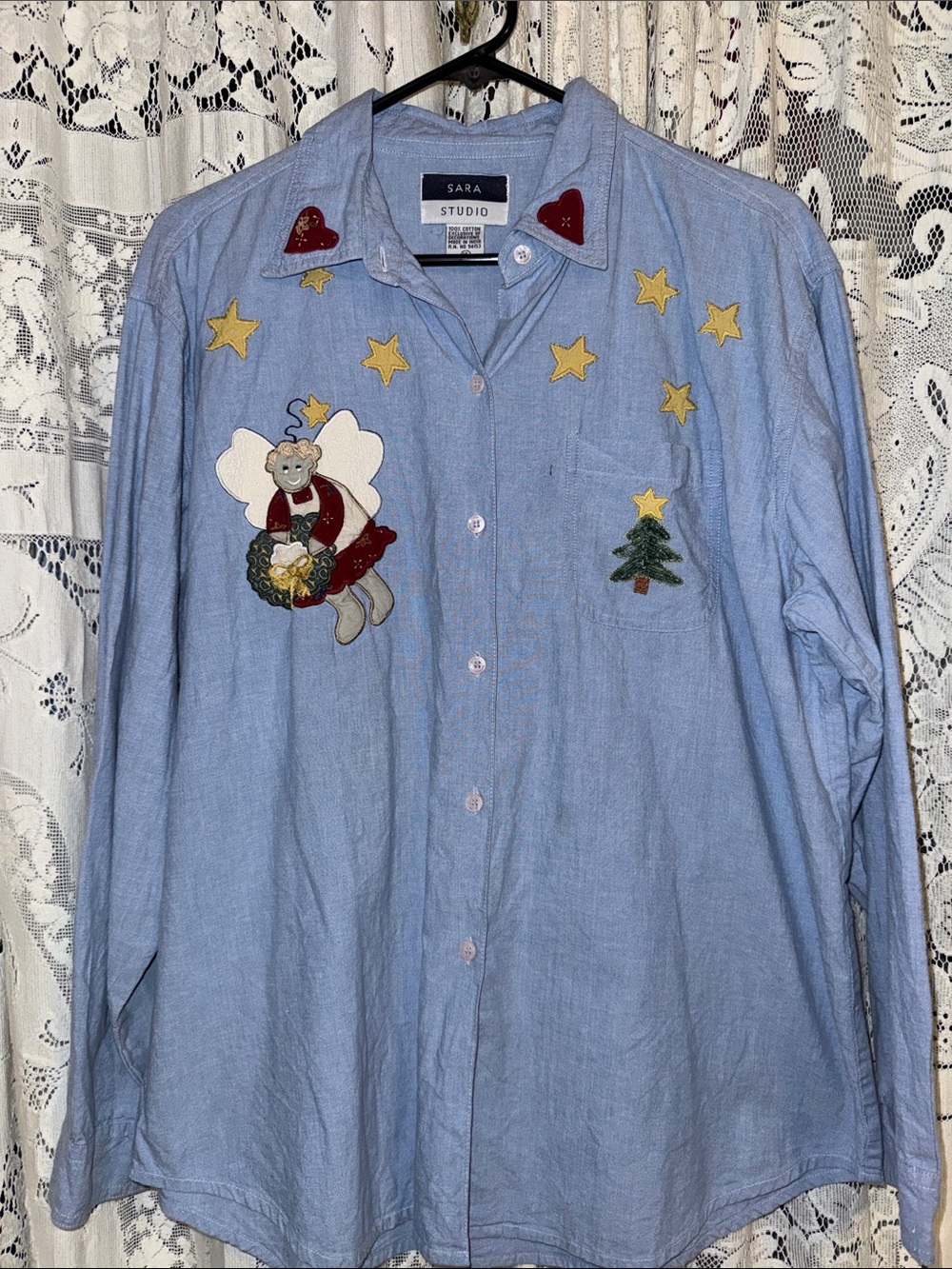 Sara Studio Light Blue Embroidered Angel & Star Button-Down Shirt